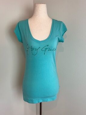 Vintage Y2K By Guess blue rhinestone top with wings on the back // size M